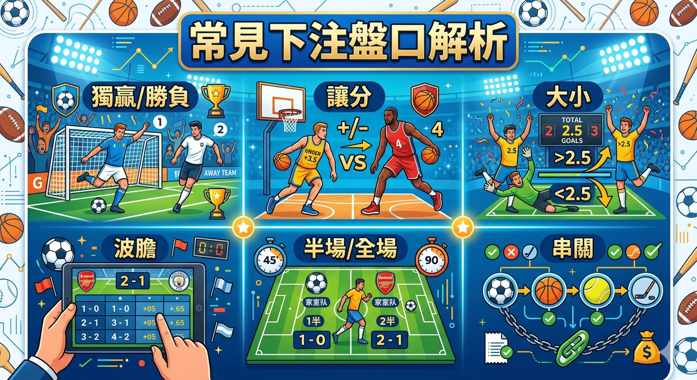 這張圖表生動解析了六種常見的體育投注盤口，包含獨贏、讓分、大小盤、波膽、半全場及串關。 整體設計以藍色運動場為背景，搭配生動的插圖與清晰的數據圖表，讓人一目了然。