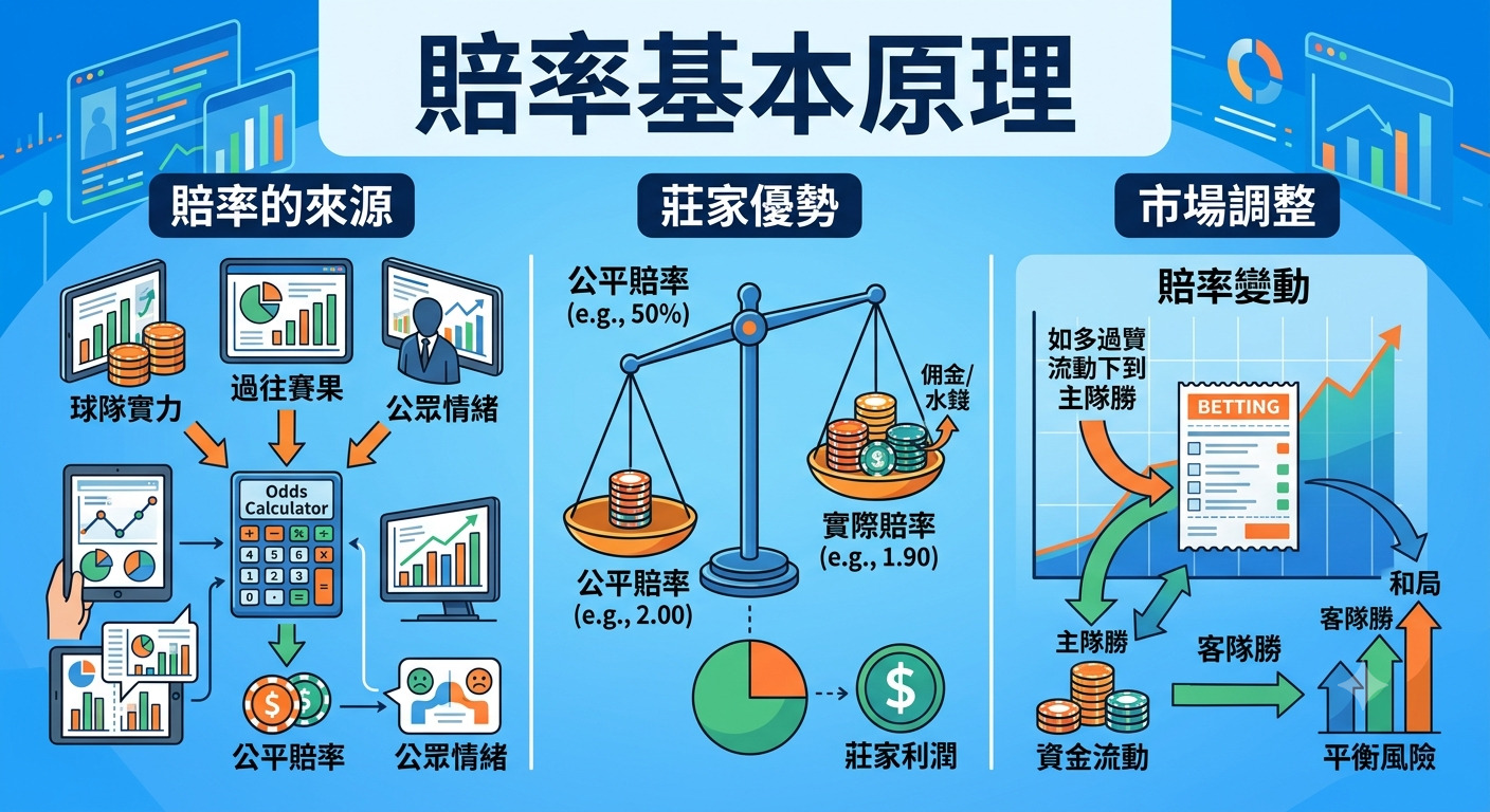 這張名為「賠率基本原理」的資訊圖表，通過清晰的圖表、數據和天平模型，直觀地展示了賠率的來源、莊家優勢以及市場調整機制的運作過程。 整體設計以科技感的藍色為主調，利用計算機、走勢圖和資金流向等視覺元素，深入淺出地解析了博彩賠率背後的數學與市場邏輯。