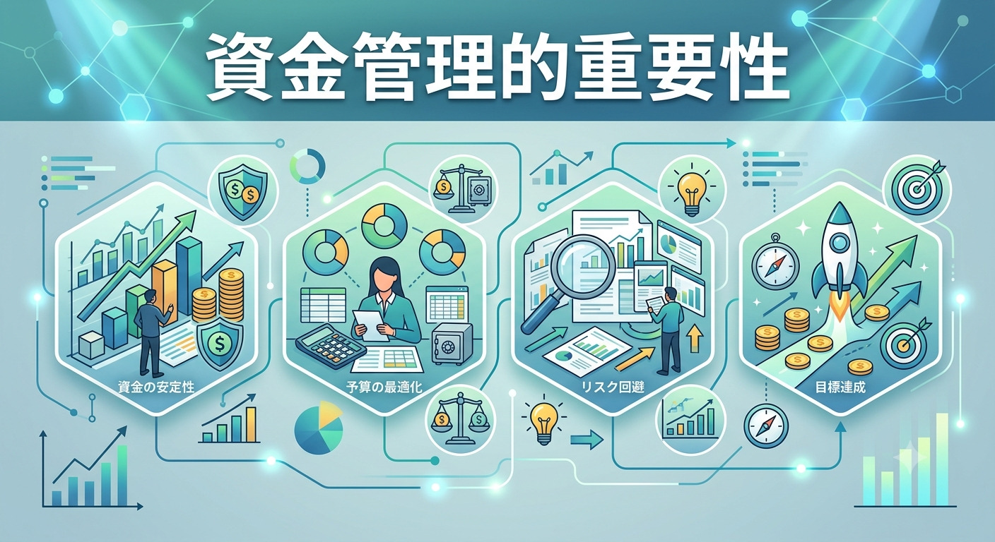 這張圖片以「資金管理的重要性」為主題,透過資訊圖表呈現財務規劃、風險評估與目標達成的核心概念。 畫面採用科技感十足的藍色調與六邊形結構,強調穩健理財與數據分析對實現經濟成長的關鍵作用。