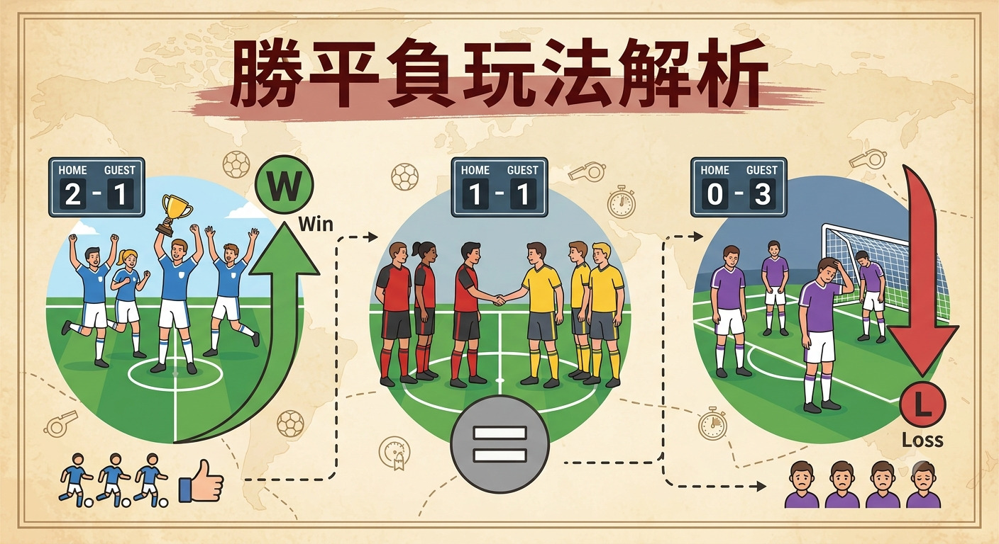 這張圖片展示了足球「勝平負」玩法的基本概念,以清晰的圖示對應比賽結果。 上方標題為「勝平負玩法解析」,下方分別呈現獲勝、平局與失敗的比賽場景。