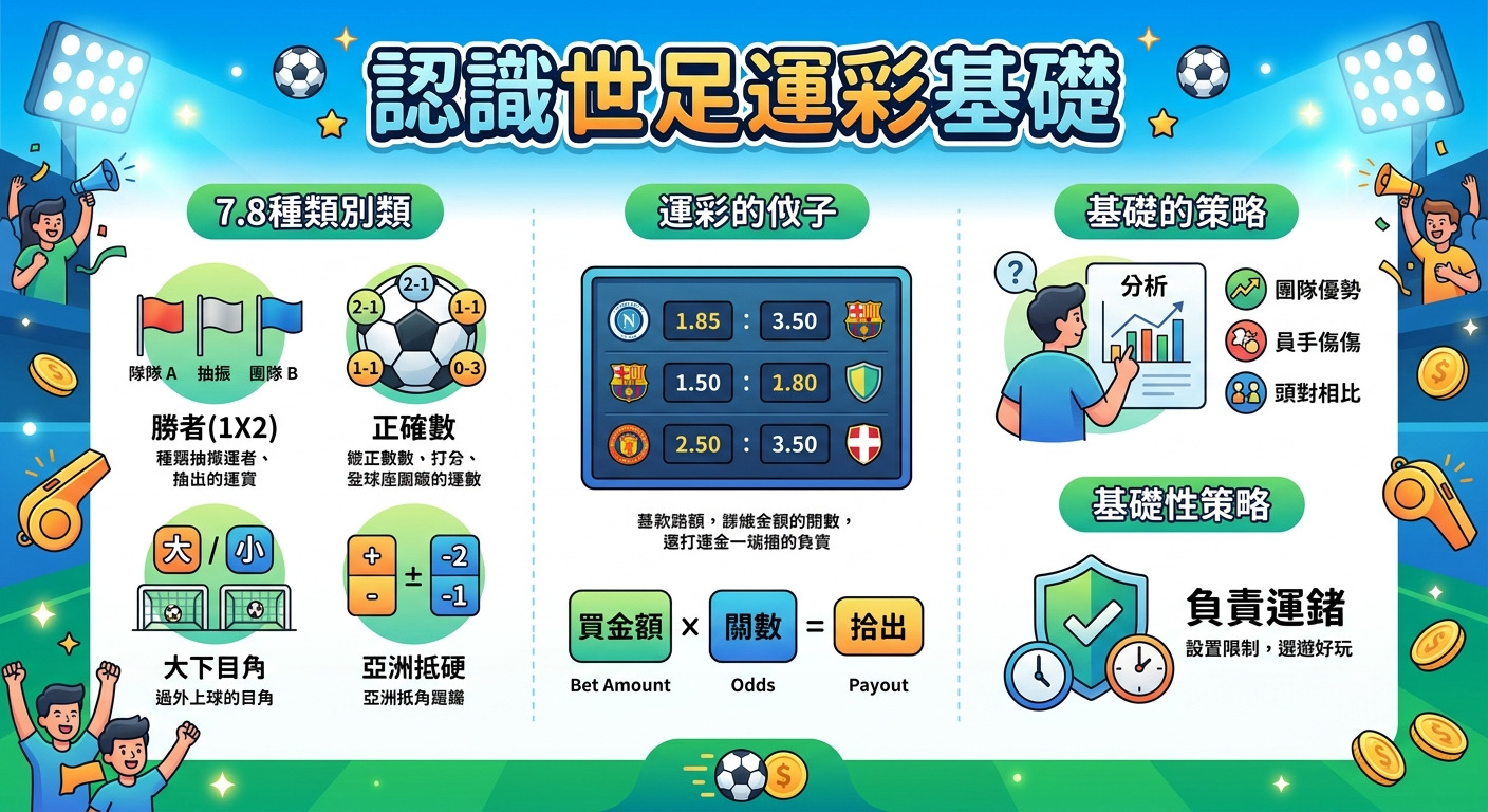 這是一張介紹足球運彩基礎知識的資訊圖表，以活力十足的賽場風格呈現。 畫面重點在於標題「認識世足運彩基礎」，並透過清晰的圖示與排版解釋賠率與投注概念。