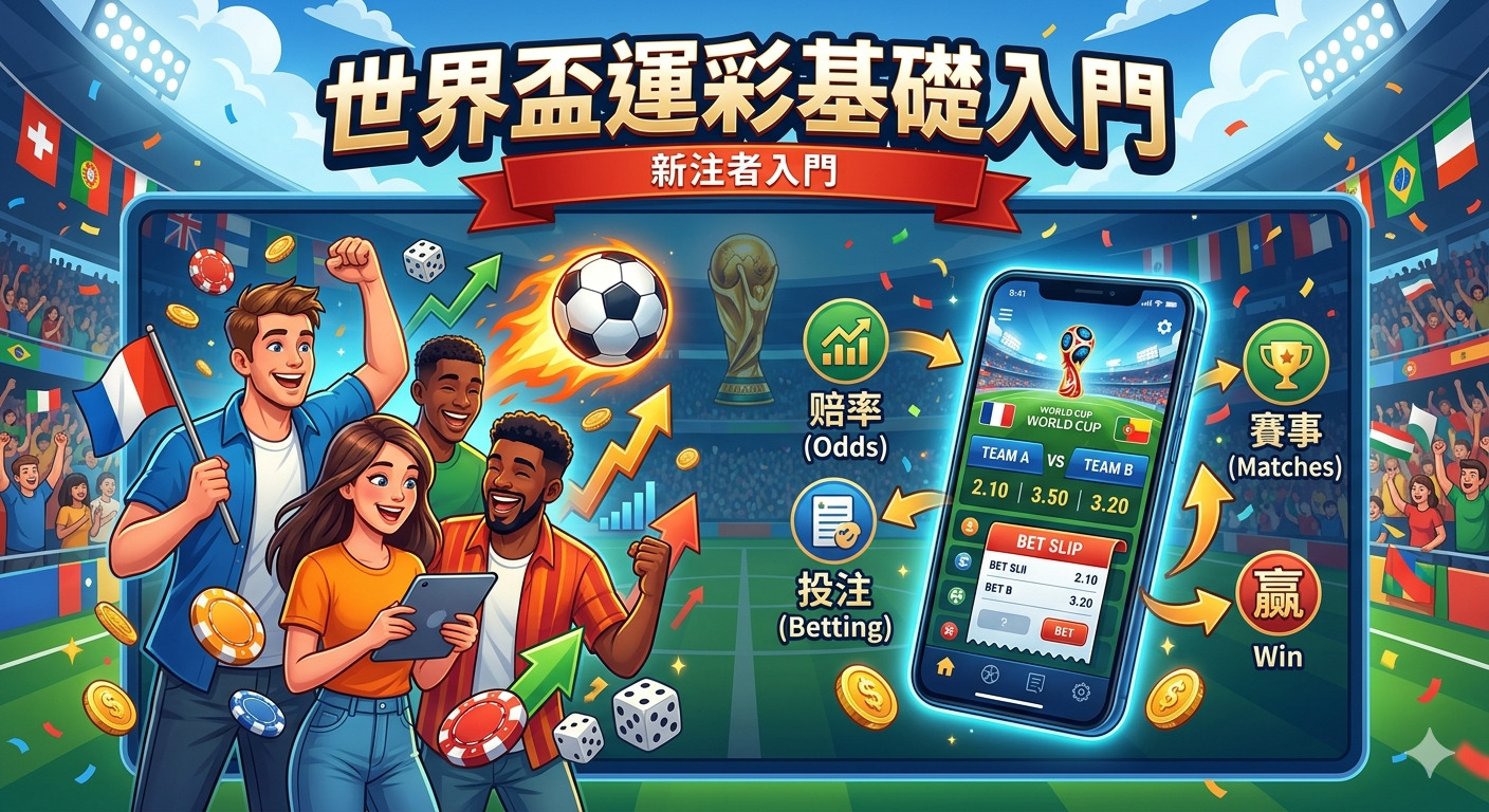 這是一張關於世界盃運彩基礎入門的教學圖片，畫面展示了充滿活力的球迷與手機投注介面，並以清晰的圖示解說賠率、賽事及投注流程。 圖像設計風格生動且資訊豐富，旨在幫助新手快速了解世界盃運彩的基本運作方式。